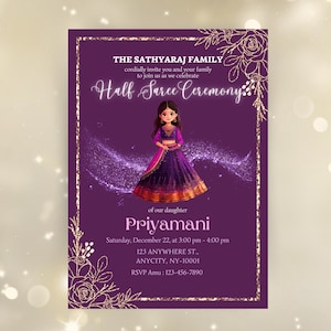 Half Saree Invitation 5x7, Editable Half Saree Ceremony Invitation, Puberty Ritu Kala Samskaram, Langa Voni Invites Canva Editable Template