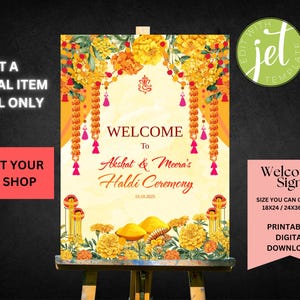 May include: A digital welcome sign for a Haldi ceremony, featuring floral decorations and the names Akshat & Meera. The sign includes text that reads "Welcome To Akshat & Meera's Haldi Ceremony". The sign is available in 18x24 or 24x36 inches.