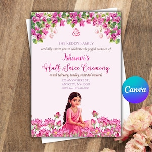 Half Saree Invitation 5x7, Editable Half Saree Ceremony Invitation, Puberty Ritu Kala Samskaram, Langa Voni Invites Canva Editable Template