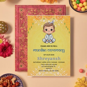 Baby Mundan Zeremonie Einladung | Chudakarana, Choulam, Mundanam, Tonsur Einladen | Bearbeitbare Canva personalisierte digitale Einladung