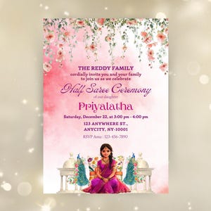 Half Saree Invitation 5x7, Editable Half Saree Ceremony Invitation, Puberty Ritu Kala Samskaram, Langa Voni Invites Canva Editable Template