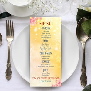Karta menu żywności Annaprashan, karta menu żywności na pierwszą imprezę z karmieniem ryżem, edytowalny szablon Canva, natychmiastowe pobranie, indyjski znak na imprezę świąteczną