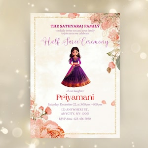 Half Saree Invitation 5x7, Editable Half Saree Ceremony Invitation, Puberty Ritu Kala Samskaram, Langa Voni Invites Canva Editable Template