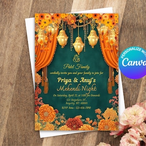 Mehndi Invitation Template, Indian Wedding Invitation, Mehendi Digital Template, Indian Wedding, Save the Date, Mehndi Invite Canva Template