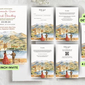 Modèle d'invitation de mariage indien, carte RSVP, les détails en téléchargement numérique modifiable sur Canva, lot de faire-part de mariage Indian Mountain Palace
