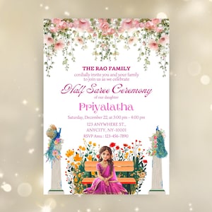 Half Saree Invitation 5x7, Editable Half Saree Ceremony Invitation, Puberty Ritu Kala Samskaram, Langa Voni Invites Canva Editable Template