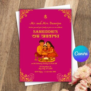 Carte d'invitation modifiable Annaprashan, invitation à la cérémonie de nourrissage du riz pour bébé fille, cérémonie de sevrage MukheBhaat Annaprashan TÉLÉCHARGEMENT NUMÉRIQUE Canva