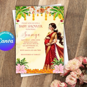 Indian Baby Shower Invite, Seemantham, Valaikappu, Godh Bharai Invitation Canva Digital Template, Instant Download, Baby Boy Girl Template