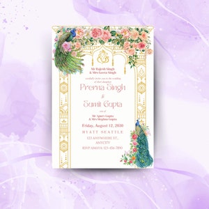 Indische Hochzeitseinladung, digitale Canva Vorlage, Instant Download 13x18, Floral Pfau Hochzeit einladen