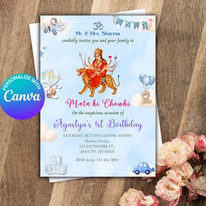 Mata ki chowki einladen, Mata ka Jagrata-Einladung, bearbeitbare Vorlage von Canva, Mata ka Jagran, sofortiger digitaler Download, Baby Boy Blue Geburtstag