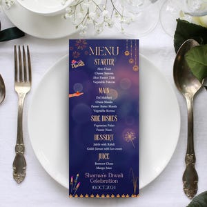 Karta menu jedzenia na imprezę Diwali, Karta menu jedzenia na uroczystość Deepavali, Szablon edytowalny Canva, Natychmiastowe pobieranie, Indyjski świąteczny znak dekoracyjny na imprezę