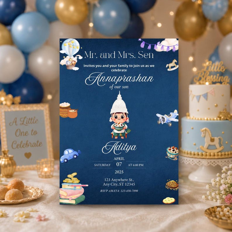 May include: A dark blue Annaprashan invitation card featuring a central illustration of a child in a traditional white cap holding a bowl. The text reads Mr. and Mrs. Sen invite you to celebrate Annaprashan of our son Aditya on April 07, 2025.