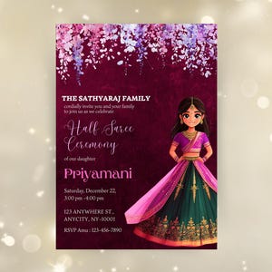 Half Saree Invitation 5x7, Editable Half Saree Ceremony Invitation, Puberty Ritu Kala Samskaram, Langa Voni Invites Canva Editable Template