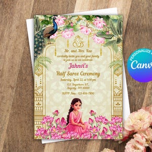 Half Saree Invitation 5x7, Editable Half Saree Ceremony Invitation, Puberty Ritu Kala Samskaram, Langa Voni Invites Canva Editable Template