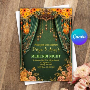Mehndi Invitation Template, Indian Wedding Invitation, Mehendi Digital Template, Indian Wedding, Save the Date, Mehndi Invite Canva Template