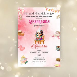 Invito modificabile di Annaprashan, Invito alla cerimonia di alimentazione del riso della bambina, Pasni Mukhe Bhaat Onnoprashon Cerimonia di svezzamento DOWNLOAD DIGITALE