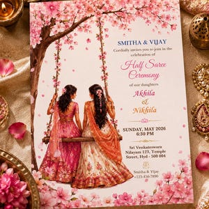 May include: A rectangular invitation card featuring an illustration of two people sitting on a floral swing under a cherry blossom tree. The text reads: SMITHA & VIJAY Cordially invites you to join in the celebration of Half Saree Ceremony of our daughters Akhila & Nikhila SUNDAY, MAY 2026 6:30 PM Sri Venkateswara Nilayam 123, Temple Street, Hyd - 500 004 Smitha & Vijay +123-456-7890.