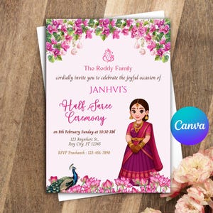 Half Saree Invitation 5x7, Editable Half Saree Ceremony Invitation, Puberty Ritu Kala Samskaram, Langa Voni Invites Canva Editable Template