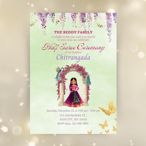 Half Saree Invitation 5x7, Editable Half Saree Ceremony Invitation, Puberty Ritu Kala Samskaram, Langa Voni Invites Canva Editable Template