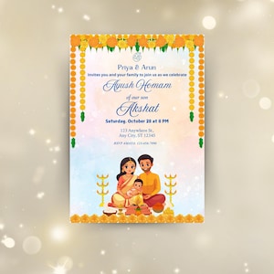 Zaproszenie na ceremonię Ayush Homam | Karta zaproszenia na Auyushya Homa | Zaproszenie na Ayush Homam dla chłopca | Spersonalizowane cyfrowe zaproszenie Canva