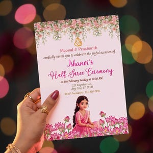 Halbe Saree-Zeremonie-Einladung: Pubertätsfunktion bearbeitbare Canva-Vorlage (5x7)