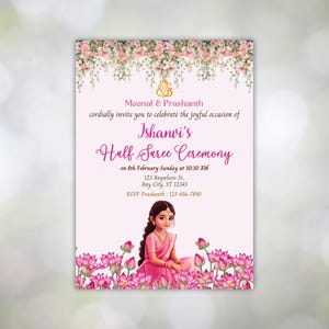 Uitnodiging halve Saree 5 x 7, bewerkbare uitnodiging halve Saree ceremonie, puberteit Ritu Kala Samskaram, Langa Voni nodigt Canva bewerkbare sjabloon