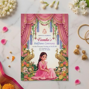May include: An invitation card for Varnika's Half Saree Ceremony, featuring a girl in a pink saree, peacocks, and floral decorations. The card is surrounded by gold jewelry, flowers, and a pink saree.