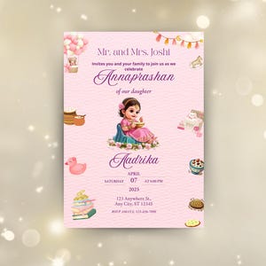 Invito modificabile di Annaprashan, Invito alla cerimonia di alimentazione del riso della bambina, Pasni Mukhe Bhaat Onnoprashon Cerimonia di svezzamento DOWNLOAD DIGITALE