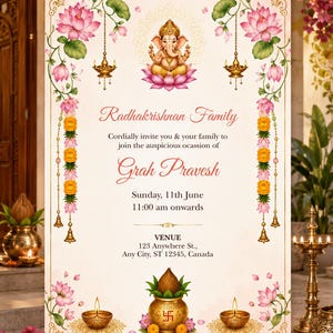 Pink Floral Griha Pravesh Invitation: Indian Housewarming (Editable Canva Template)