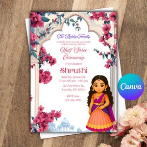 Half Saree Invitation 5x7, Editable Half Saree Ceremony Invitation, Puberty Ritu Kala Samskaram, Langa Voni Invites Canva Editable Template