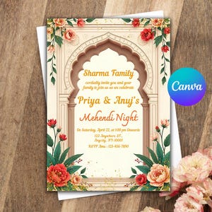 Mehndi Invitation Template, Indian Wedding Invitation, Mehendi Digital Template, Indian Wedding, Save the Date, Mehndi Invite Canva Template