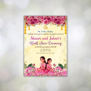 Half Saree Invitation 5x7, Editable Half Saree Ceremony Invitation, Puberty Ritu Kala Samskaram, Langa Voni Invites Canva Editable Template