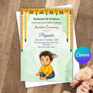 Könnte beinhalten: Einladungskarte für eine Mundan-Zeremonie mit einer Cartoon-Illustration eines Kindes. Die Karte hat einen grün-weißen Hintergrund mit Text auf Englisch, einschließlich der Namen Rukmini & Krishna und dem Datum, dem 22. Juni.