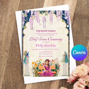 Half Saree Invitation 5x7, Editable Half Saree Ceremony Invitation, Puberty Ritu Kala Samskaram, Langa Voni Invites Canva Editable Template
