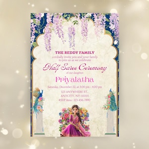 Half Saree Invitation 5x7, Editable Half Saree Ceremony Invitation, Puberty Ritu Kala Samskaram, Langa Voni Invites Canva Editable Template