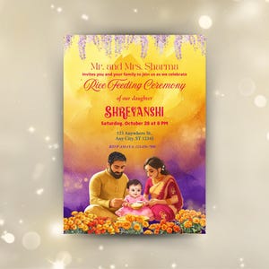 Invito modificabile di Annaprashan, Invito alla cerimonia di alimentazione del riso della bambina, Pasni Mukhe Bhaat Onnoprashon Cerimonia di svezzamento DOWNLOAD DIGITALE