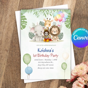 Baby Krishna Safari 1st Birthday Invitation: Printable Canva Template (Instant Download)