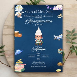 May include: A dark blue rectangular invitation card featuring a central illustration of a child in a traditional white cap holding a bowl. The text reads Mr. and Mrs. Sen invite you to celebrate the Annaprashan of our son Aditya on April 7, 2025.