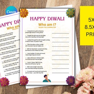Juego "Adivina quién soy" de Diwali, juegos imprimibles para fiestas del Festival de las Luces con respuestas, actividades para adultos y niños / Juegos de Diwali editables en Canva