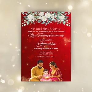 Invito modificabile di Annaprashan, Invito alla cerimonia di alimentazione del riso della bambina, Pasni Mukhe Bhaat Onnoprashon Cerimonia di svezzamento DOWNLOAD DIGITALE