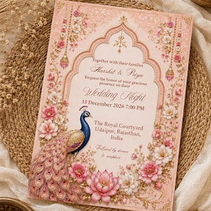 May include: A rectangular wedding invitation card in soft pink featuring a central archway, a blue peacock with gold plumage, and floral accents. The text reads: Together with their families Harshit & Priya Request the honor of your gracious presence on their Wedding Night 15 December 2026 7:00 PM The Royal Courtyard Udaipur, Rajasthan, India Followed by dinner & reception.