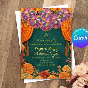 Mehndi Invitation Template, Indian Wedding Invitation, Mehendi Digital Template, Indian Wedding, Save the Date, Mehndi Invite Canva Template