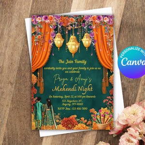Mehndi Invitation Template, Indian Wedding Invitation, Mehendi Digital Template, Indian Wedding, Save the Date, Mehndi Invite Canva Template