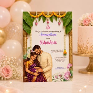 Invitación Seemantham, Baby Shower indio, Valaikappu, Plantilla Godh Bharai (Descarga instantánea)