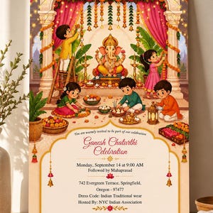 May include: A Ganesh Chaturthi celebration invitation card featuring an illustration of children decorating a shrine for Lord Ganesha. The text includes event details: Monday, September 14 at 9:00 AM, followed by Mahaprasad at 742 Evergreen Terrace, Springfield, Oregon.