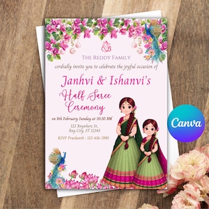 Half Saree Invitation 5x7, Editable Half Saree Ceremony Invitation, Puberty Ritu Kala Samskaram, Langa Voni Invites Canva Editable Template