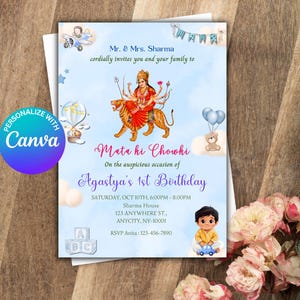 Mata ki chowki Invite, Mata ka Jagrata Invitation, Canva Editable Template, Mata ka Jagran, Instant Digital Download, Baby Boy Blue Birthday