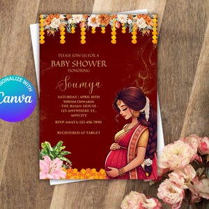 Indian Baby Shower Invite, Seemantham, Valaikappu, Godh Bharai Invitation Canva Digital Template, Instant Download, Baby Boy Girl Template