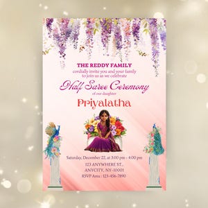 Half Saree Invitation 5x7, Editable Half Saree Ceremony Invitation, Puberty Ritu Kala Samskaram, Langa Voni Invites Canva Editable Template