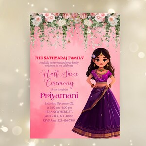 Half Saree Invitation 5x7, Editable Half Saree Ceremony Invitation, Puberty Ritu Kala Samskaram, Langa Voni Invites Canva Editable Template